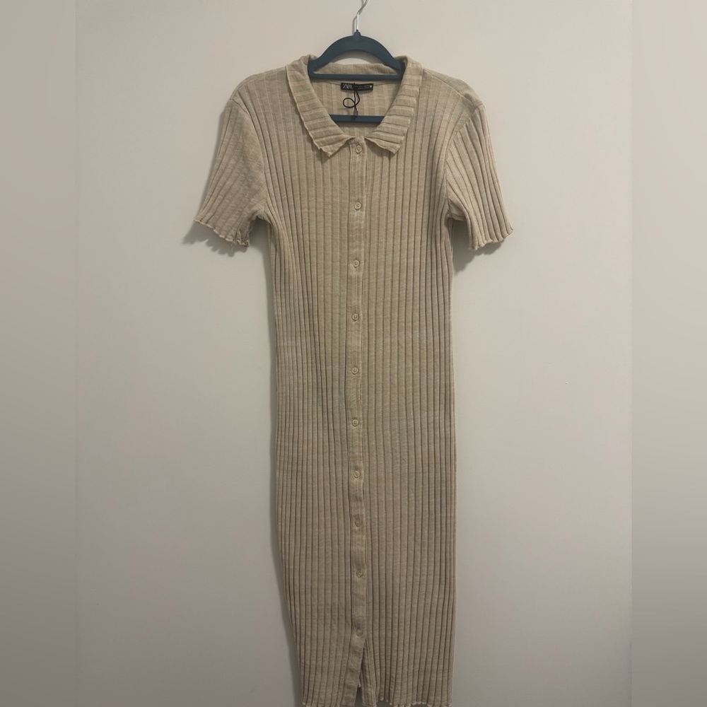 Zara Beige Ribbed Midi Dress